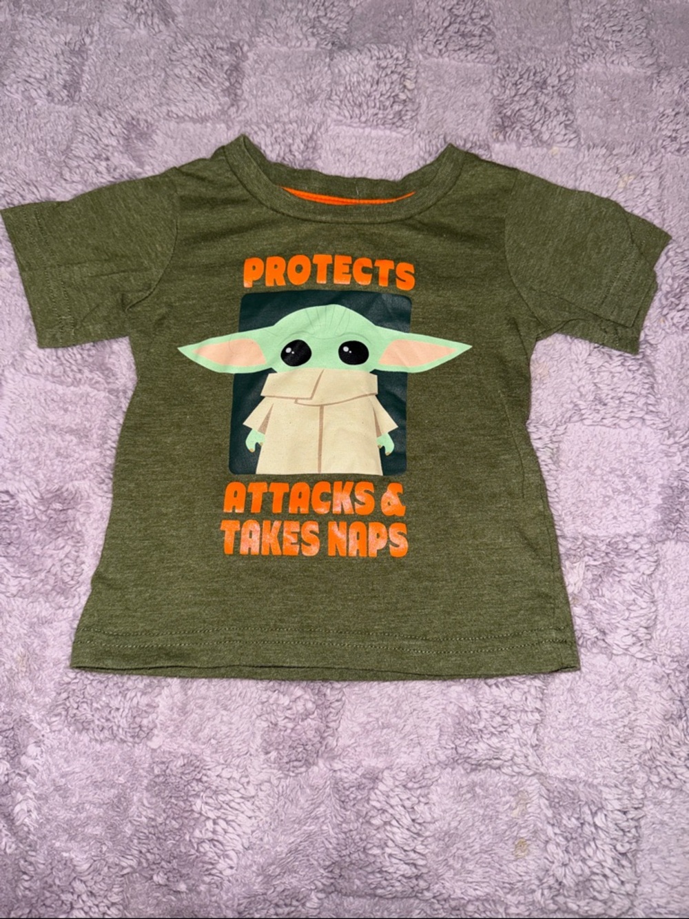 Star Wars Kids Olive Green Tee with Grogu Graphic and Orange Text